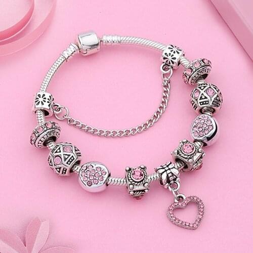 European & American Trendy Pink Crystal Charm Bracelet Silver Color Bead Bracelet Diy Charm Jewelry for Women Girl