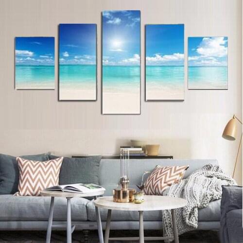 No Framed 5 Panels Wall Art Canvas Painting Print Beach And Sinshine Seascape Oil Painting On The Wall For Living Room W-28