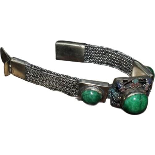 China Old Tibetan Silver Emerald inlaid Tibetan Silver Bracelet