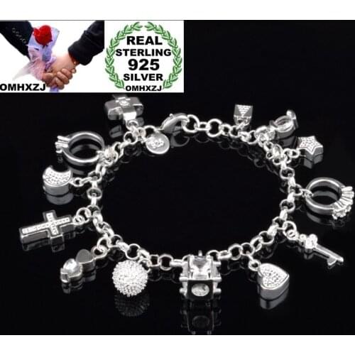 OMHXZJ Wholesale Personality Fashion OL Woman Girl Party Gift Silver Star Heart Ring Charm 925 Sterling Silver Bracelet BR62