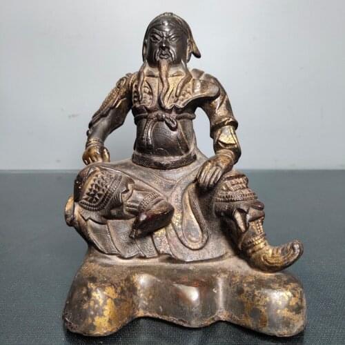 6"Chinese temple collection Old Bronze Lacquer Cinnabar God of Wealth Guan Yu Guan Erye Sitting Ornaments Town House