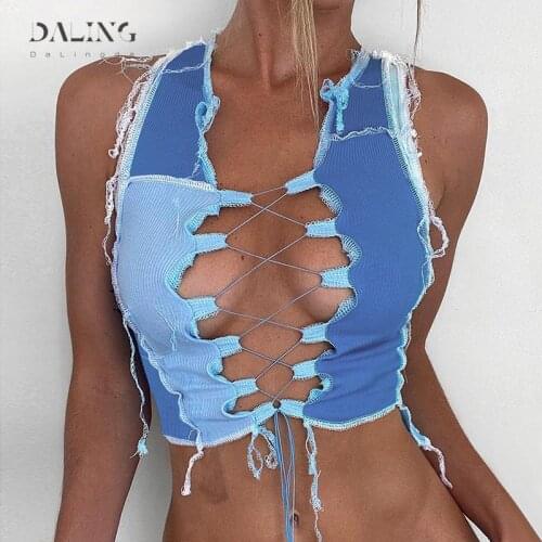 Sexy Bandage Cut Out Hole Crop Tops Women Camisole 2021 Summer Chic Punk Style Ribbed Knitting Tank Top Club Wear mujer