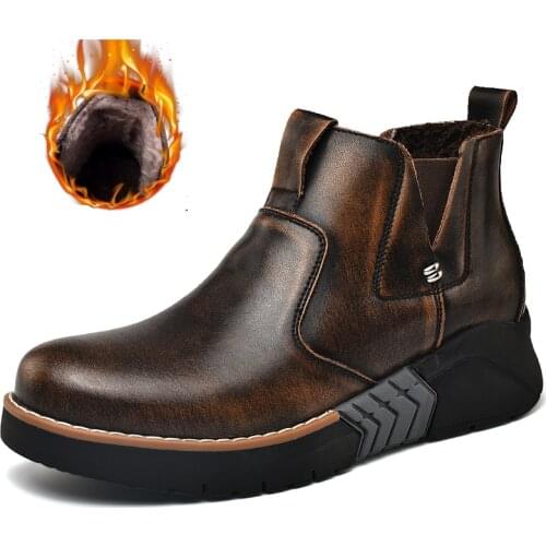 Mens Winter Plush Casual Boots Platform Shoes Retro Genuine Leather Martin Boots Increased Work Man Boots Warm Chelsea Boots