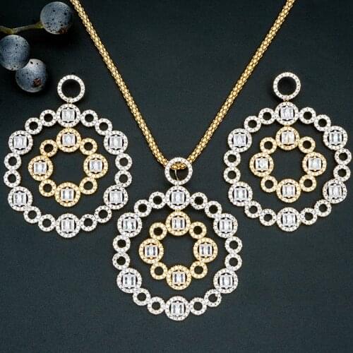 ModemAngel Luxury Geometry Circle 3 Tone Copper Dubai Girls And Women High Quality Gift Pendant Necklace And Earring Set