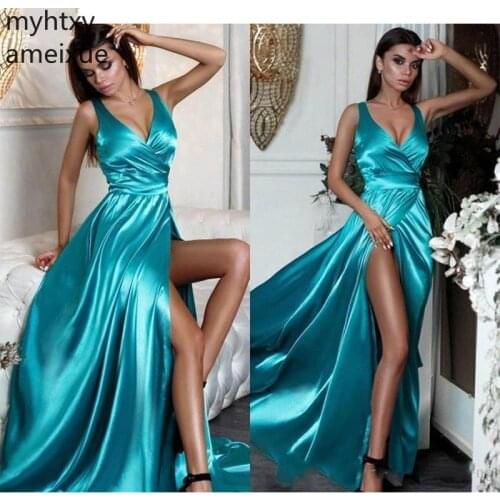 Cheap Sexy V Neck Blue-green Evening Dresses 2020 Split Satin Carpet Holiday Plus Size Evening Dresses For Women Hi Low Dress