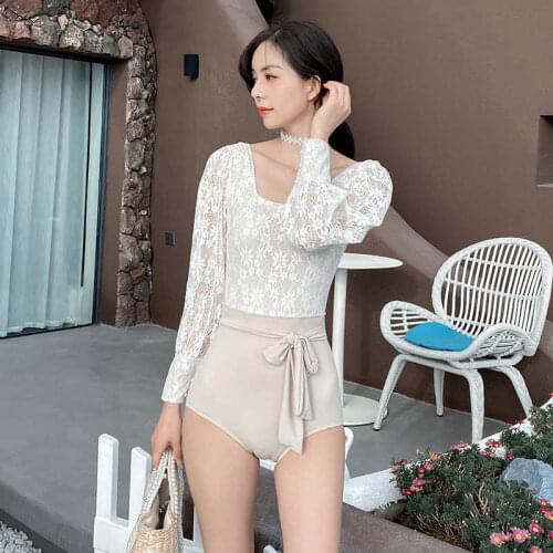 2021 New Popular Long Sleeve Lace Petal Embroidered Elegant Korean Fairy Solid Color High Waist Bowknot Hot Spring Swimsuit