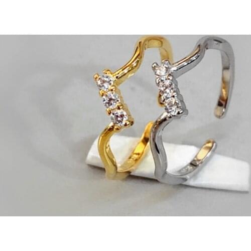 Korean Style Free Shipping Golden Color Geometric Wave Open Rings Cubic Stones Tibetan Women Girl Engagement Bride