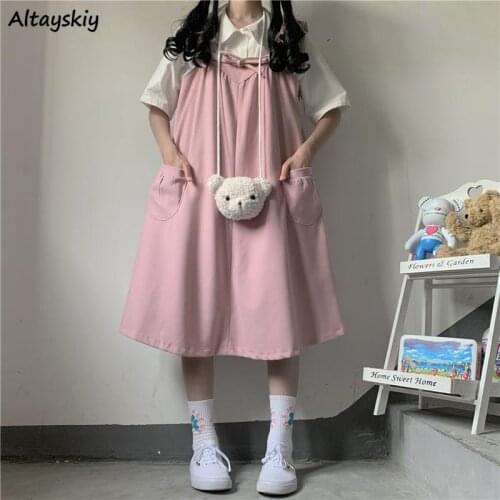 Dress Women Solid Loose Waist Oversize Cute Japanese Style Students Pockets Leisure Daily Sweet Mujer Holiday Trendy Harajuku