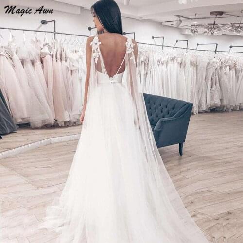 Magic Awn Simple 2021 Wedding Dresses Beach Spaghetti Straps Lace Appliques Bohemian Wedding Party Gowns Lace Up Back Vestidos