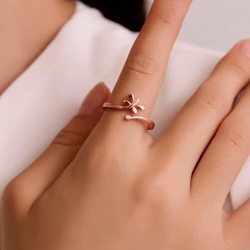 Simple Dragonfly Butterfly Rhinestone Starry Bling Copper Silver Plated Rose Gold Alloy Open Rings for Women