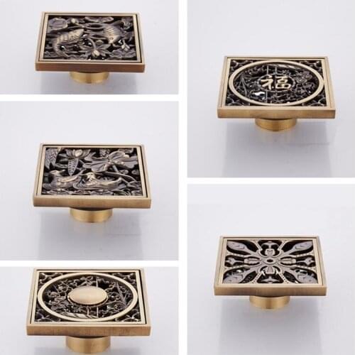 LIUYUE Floor Drain 10 cm Antique Brass Bathroom Square Shower Drain Strainer Floor Cover Art Carved Pattern Balcony Grate Waste
