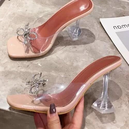 10.5cm High Heel Shoes Woman Crystal Butterfly-knot Slippers Women Summer Sandals Ladies Sandal Shoe Mules