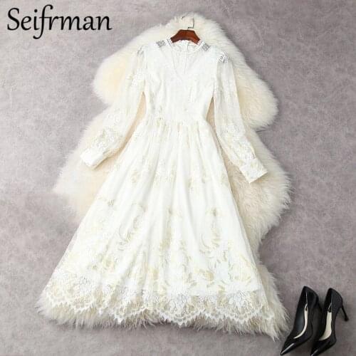 Seifrmann New 2021 Summer Women Fashion Designer Party Midi Dress Lantern Sleeve Lace Embroidery High Waist Print A-Line Dresses