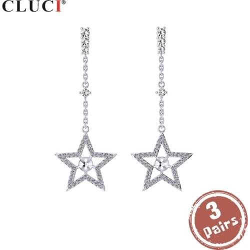 CLUCI 3 pair Silver 925 Star Drop Earrings for Women Anniversary 925 Sterling Silver Pearl Mounting Earrings Jewelry SE106SB