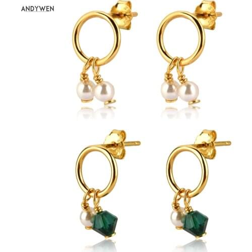ANDYWEN 100% 925 Sterling Silver Gold Pearl Beads Stud Earring 2020 Fashion Fine Jewelry Crystal Luxury Women Piercing Ohrringe