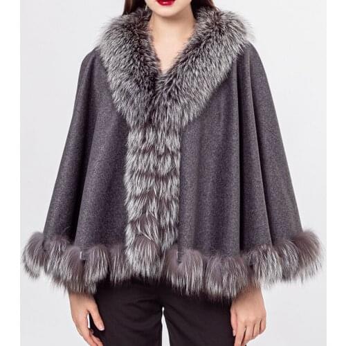 100% wool shawl with natural fox fur collar with fur collar trimming cape wrap furry autumn luxurious 2021