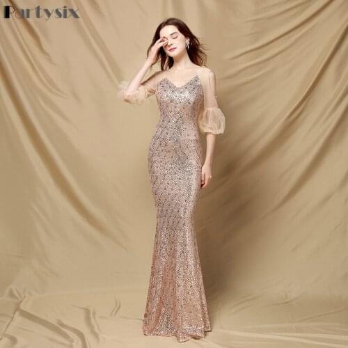 Partysix 2021 Women Sexy V Neck Long Sleeve Sequin Long Dresses Female Bodycon Maxi Dress Multi Evening Party Dress Gold