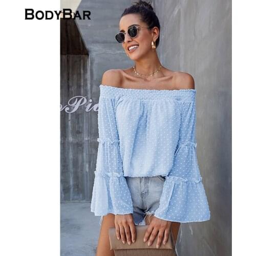 Spring Long-sleeve Chiffon Shirt Fashion Trumpet Sleeves Off Shoulder Neck Shirts Lady Beach Sexy Top Loose Harajuku Style Blusa