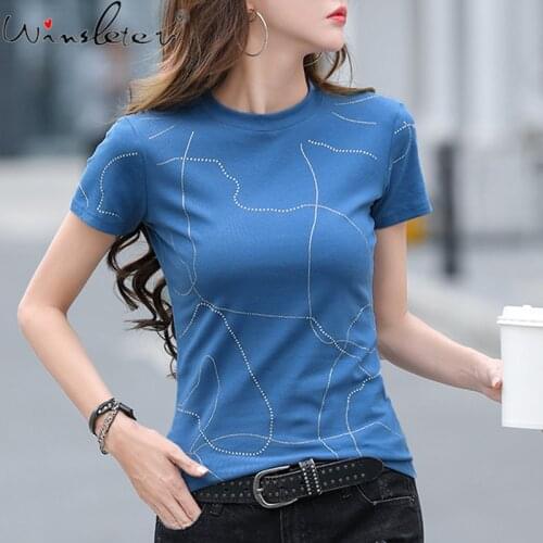 Summer 2021 Cotton T-shirt Women Irregular Diamonds Beading Doodle Slim Waist Stretchy Casual Tops Tees Short Sleeve New T16901A
