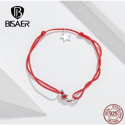 BISAER Lucky Bracelets 925 Sterling Silver Lucky Red Carp Cyprinoid Rope Women Bracelets Sterling Silver Jewelry ECB145