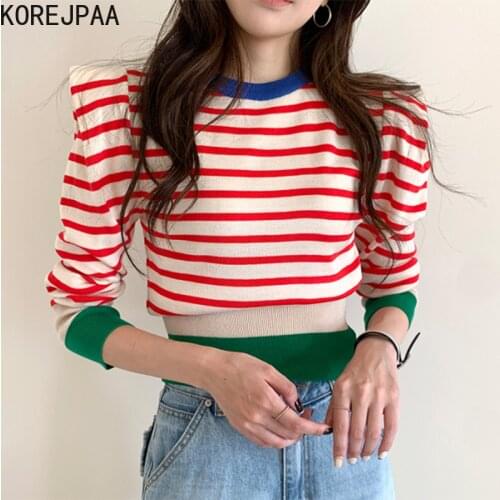 Korejpaa Women Sweaters 2021 Korean Early Autumn Fashion Pullover Loose Shoulder Pad Long Sleeve Contrast Striped Sweater Top