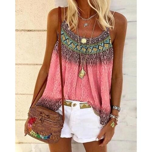 2020 Women Fashion Elegant Casual Boho Summer Sleeveless Beach Print Spaghetti Strap Casual Top