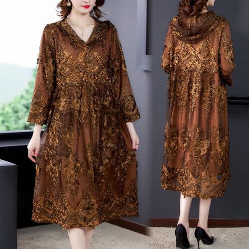 2020 Fall Spring Womens Hooded Lace Patchwork Embroidery Brown Trench Coat , High Waisted Loose 4xl 5xl Long Coats for Woman