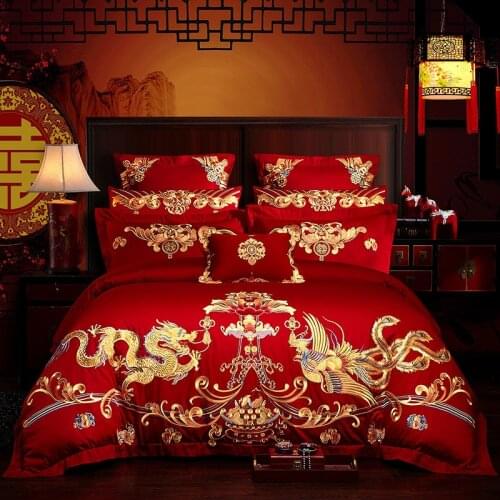 Gold Phoenix Loong Flowers Embroidery Chinese Wedding Bedding Set Cotton Luxury Red Duvet Cover Bed Sheet Linen Pillowcases