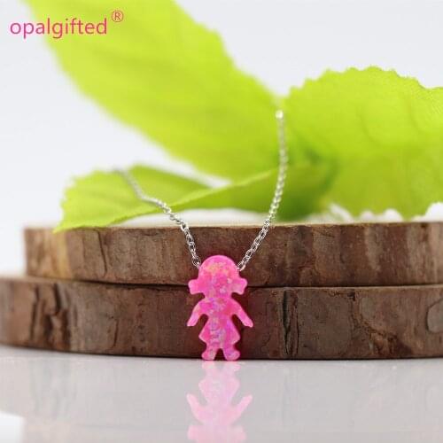 1pc/Lot)Lovely Pink Color 8.5*13mm Synthetic Opal Girls Shape Opal Pendant With Sterling 925 Silver Necklace For Girl