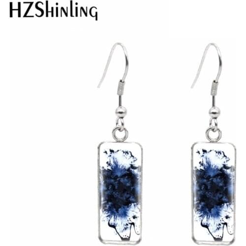2021 Blue and White Flowers Patterns Rectangular Hook Dangle Earrings Glass Cabochons Ear Jewelry for Girls