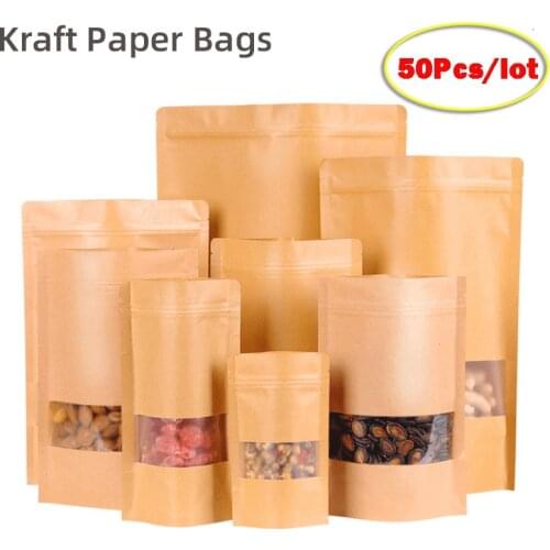 50pcs Kraft Paper Bags Zip Lock Brown With Window Stand Up Resealable Grip Ziplock Pouches Tea Coffee Bean Candy Packaging Food
