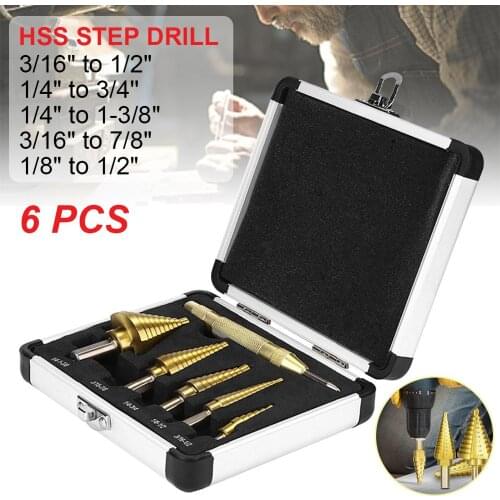 6pcs Titanium Step Drill Bit Imperial High Speed Steel Drill Bits Set for Metal Hole Drilling with Center Punch With Toolbox