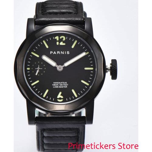PVD coated case 6497 hand winding mens watch 44mm Parnis black dial luminous makrs black leather strap sapphire glass