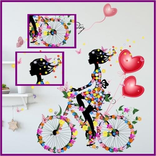 Black Girl Ride Bike Big Stickers Wallpapers for Princess Bedroom Decor Flower Balloon Butterfly Girls Room Wall Sticker Decals