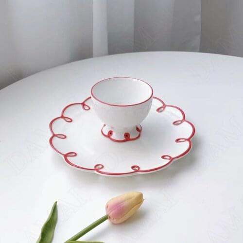 European Ceramic Plate Hand Painted Relief Lace Decorative Fruit Salad Plates Afternoon Tea Hollow Cup Set Retro Home Decoration
