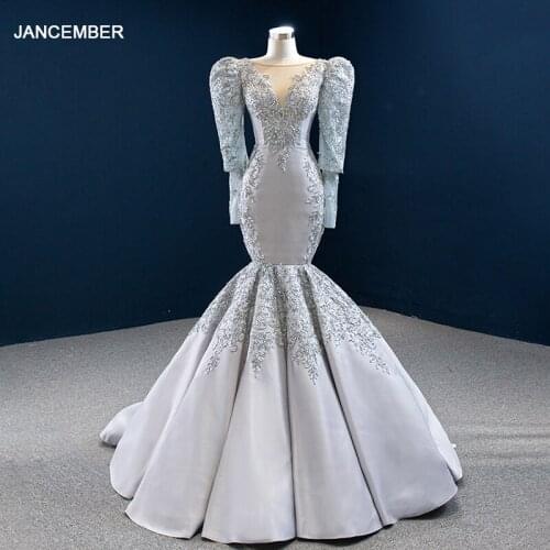 J67048 JANCEMBER Evening Meimaind Satin Dresses 2020 O-Neck Appliques Beading Lace Up Back Sequins Sweep Train فساتين السهرة