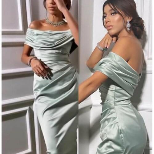 Short Arabic Satin Green Strapless Evening Dresses Tea Length Zipper Back Off Shoulder Pleated Formal Party Dress for Women