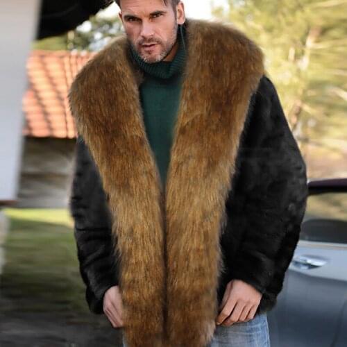 New Winter Men Thick Faux Fur Coat Jacket Turn Down Collar Male Black Overcoat Trench Coat Streetwear Fleece Fur Windbreaker
