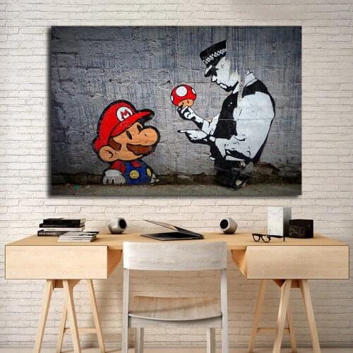 Mario With Police Street Art HD Canvas Posters Prints Painting Wall Pictures For Office Living Room Home Decor Artwork
