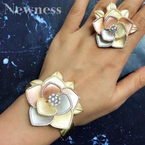 Newness New Blossom Flower Cluster Luxury Women Wedding Naija Bridal Cubic Zirconia Bangle Ring Set Dubai High Jewelry Set