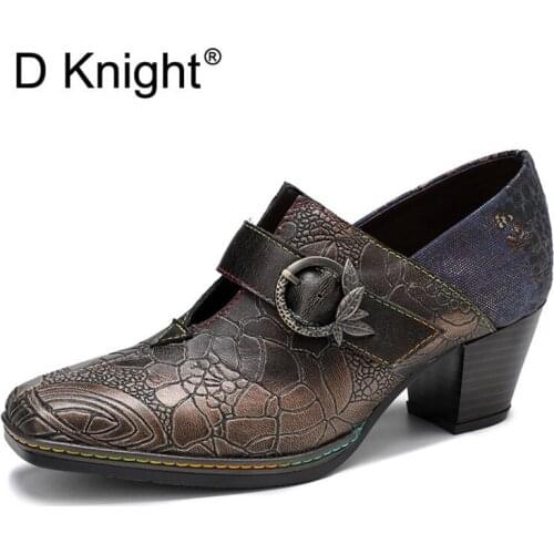 Genuine Leather Buckle Chunky Heel Pumps Dress Shoes Women Handmade Retro Square Toe High Heel Botas Mujer Work Shoes Woman 2021
