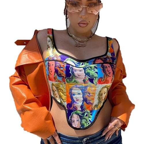 Sexy Women Close-fitting Sexy Camisole Multicolor Printed Pattern Square Collar Sleeveless Crop Tanks Tops