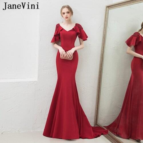 JaneVini Vestidos Burgundy Satin Beads Long Mother of The Bride Dress 2018 V Neck Short Sleeve Ruffles Mermaid Dresses for Women