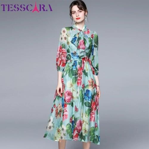 TESSCARA Women Summer Elegant Floral Chiffon Dress Festa High Quality Long Party Robe Femme Vintage Bow Designer Green Vestidos