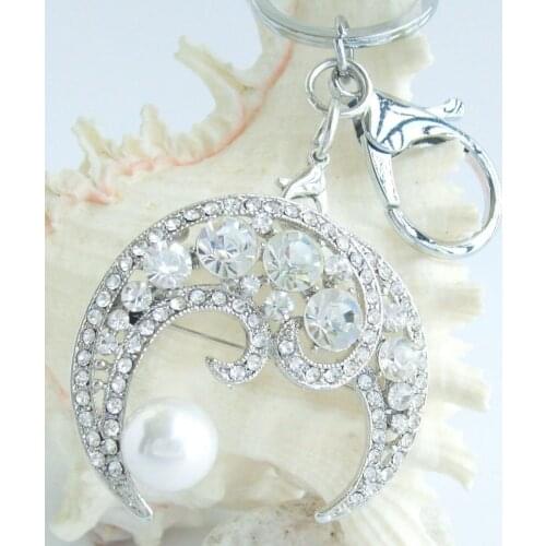 Unique Half Moon Keychain Pendant Pearl Clear Rhinestone Crystal K05817C1