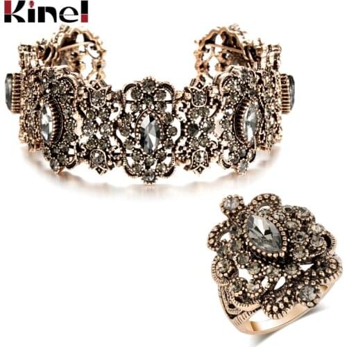 Kinel Vintage Grey Crystal Bangles Ring Statement Jewelry Sets Boho Antique Gold Charm Wide Cuff Bracelets For Women Party Gift