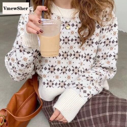 VmewSher Autumn Winter Women Short Sweater Long Sleeve O Neck Female Floral Elegant Knitted Pullover Fashion Knitwear Jumper Top