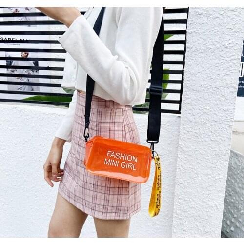 Women Transparent Cross-Body Pack, Handle Letter Prints Square Bucket-Shape Decorative Girl’s Beach Bag Shoulder Bag 7 Colors