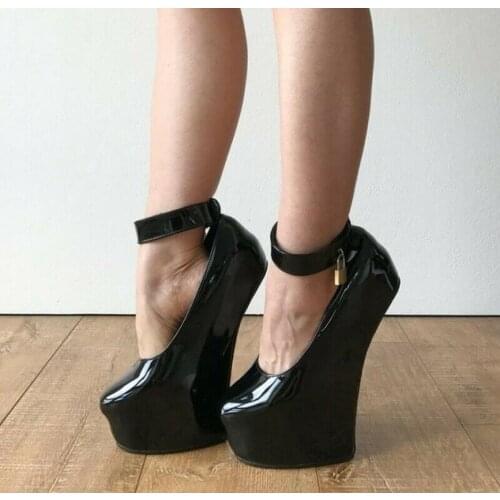New Patent Leather High 20CM Heel Less Round Toe Platform Less Fretwork Heels Sexy Womens Shoes T-Stage With Locks Plus Size