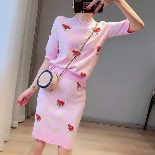 Sequined Fawn Jacquard Knit 2 Piece Set 2021 Summer O Neck Short Sleeve Shirt + High Waist Step Mini Skirt Two Piece Set Suit